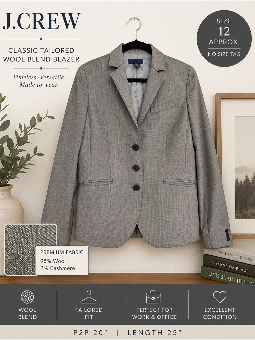 J. Crew Women’s Gray Wool Blazer Jacket Classic Tailored Career Size 12 Approx